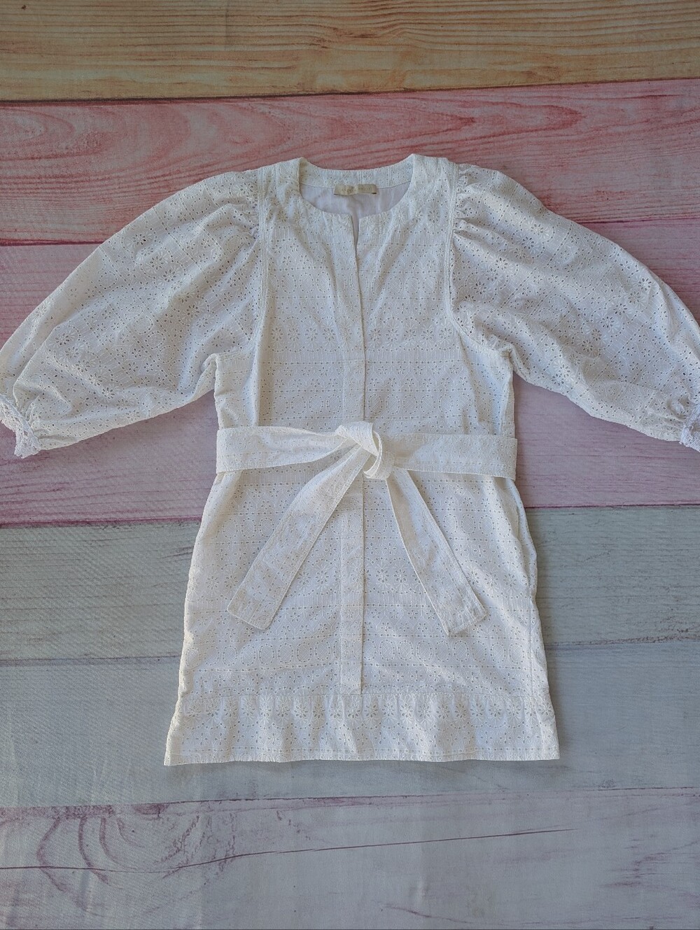 Vanessa Bruno White Broderie Anglaise Eyelet Bishop Sleeve Shift Dress 38/6US